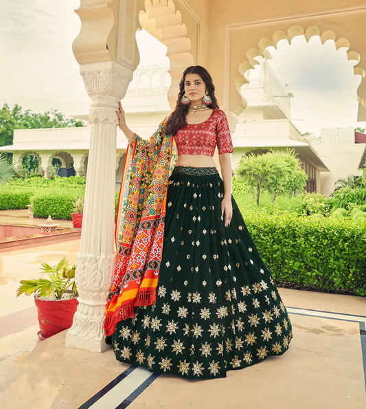Green Georgette Lehenga Choli With Thread with Sequence Embroidery Work