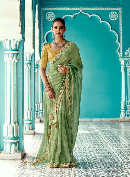 Olive Green Organza Embroidery Work Party wear Saree