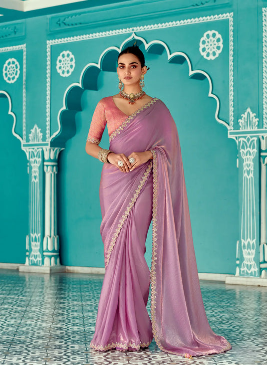 Lavender Organza Embroidery Work Party wear Saree