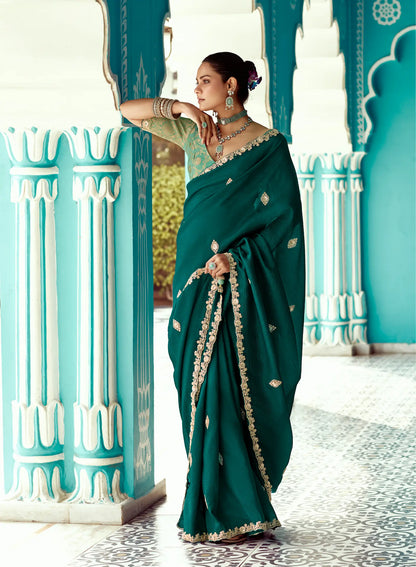 Dark Green Organza Embroidery Work Party wear Saree