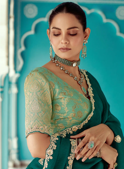 Dark Green Organza Embroidery Work Party wear Saree