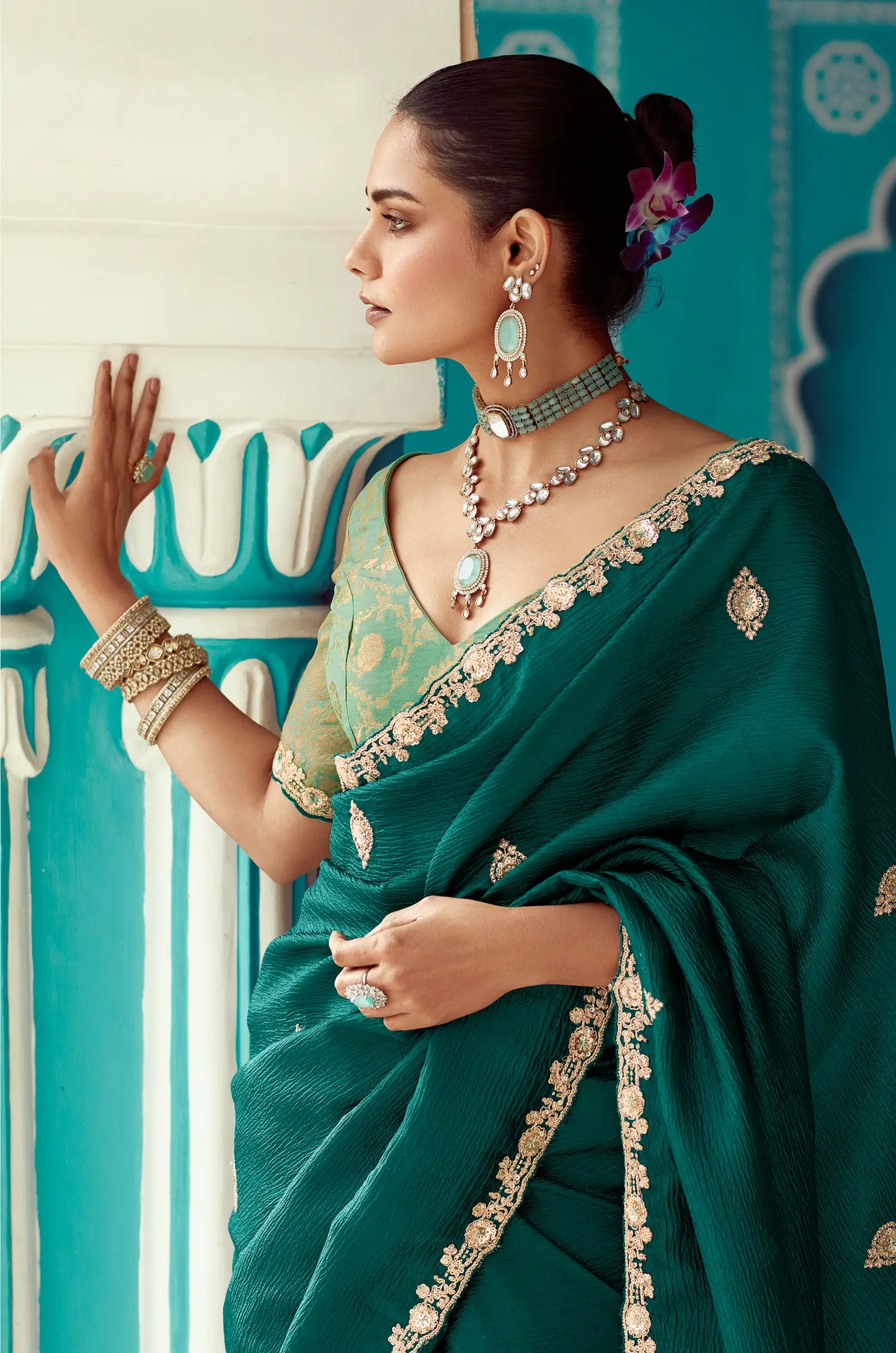 Dark Green Organza Embroidery Work Party wear Saree