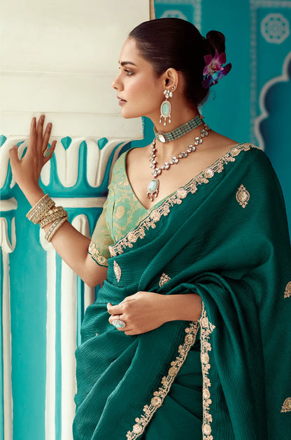 Dark Green Organza Embroidery Work Party wear Saree