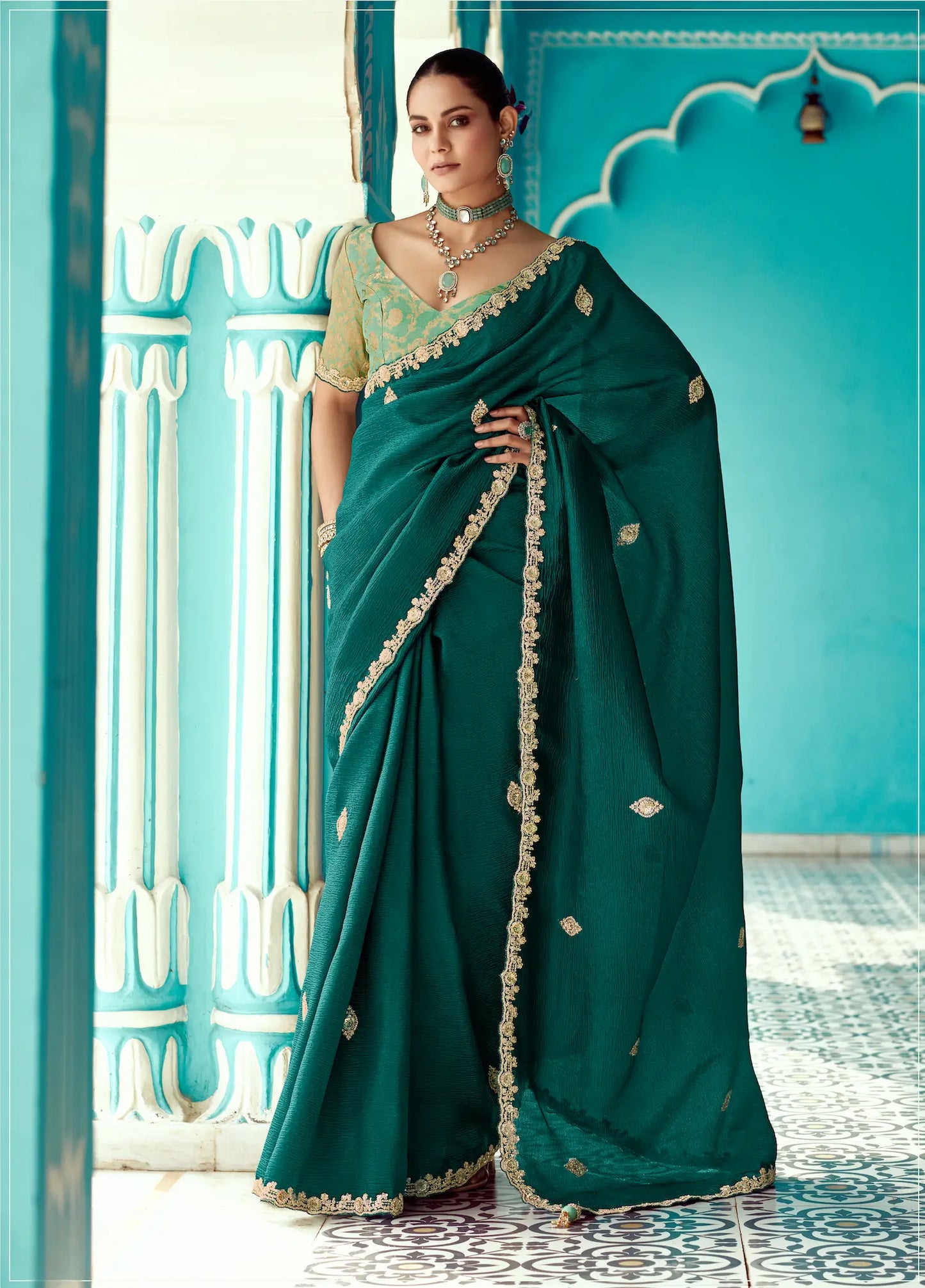 Dark Green Organza Embroidery Work Party wear Saree