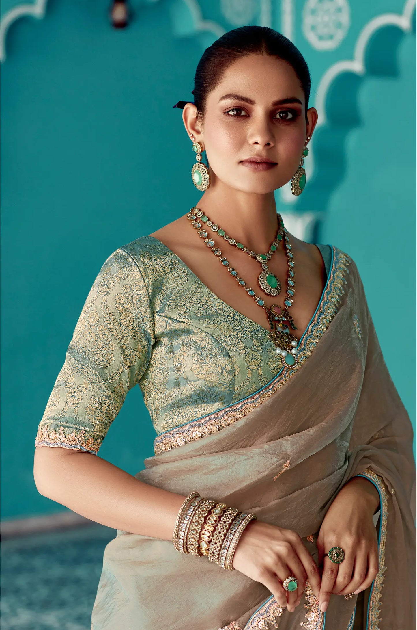 Shaded Dark Beige Organza Embroidery Work Party wear Saree