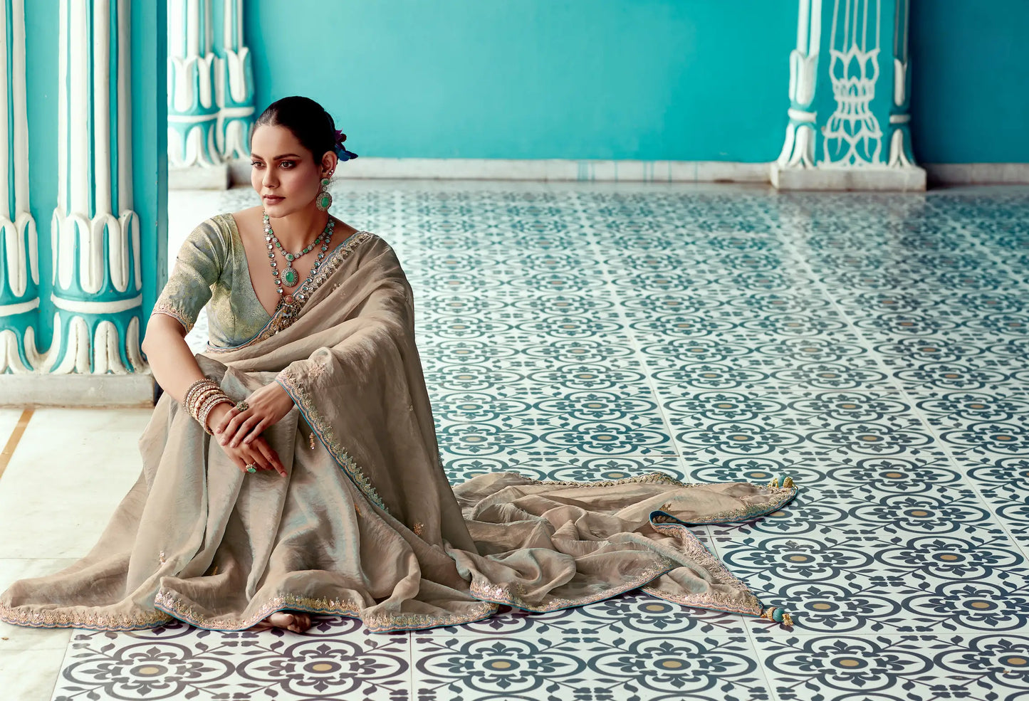 Shaded Dark Beige Organza Embroidery Work Party wear Saree