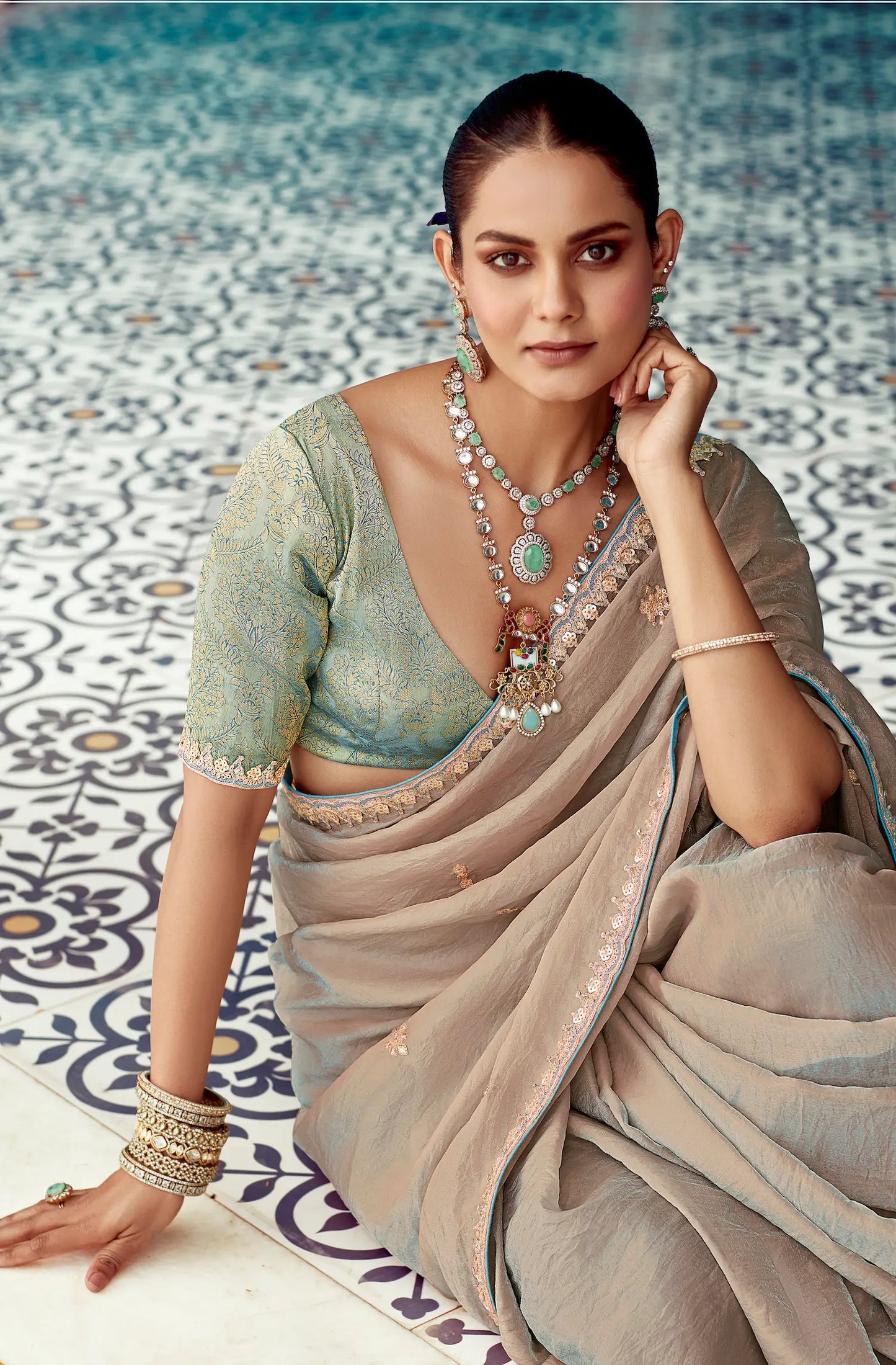 Shaded Dark Beige Organza Embroidery Work Party wear Saree