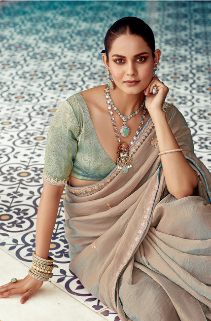 Shaded Dark Beige Organza Embroidery Work Party wear Saree