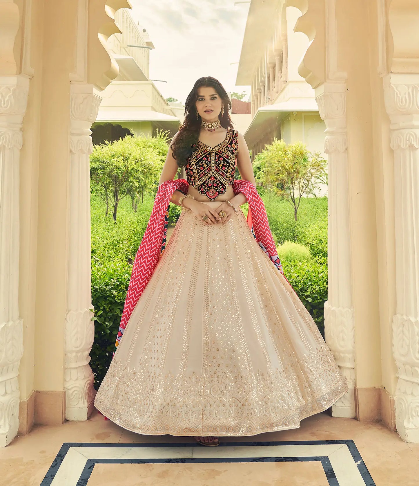 Beige Georgette Lehenga Choli With Thread with Sequence Embroidery Work