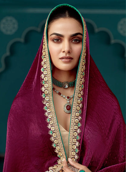 Berry Wine Organza Embroidery Work Party wear Saree