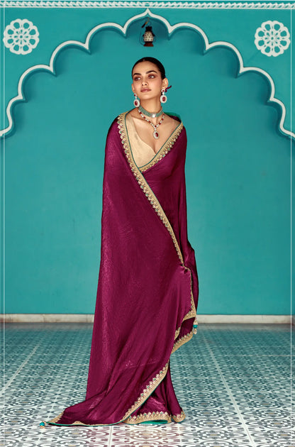 Berry Wine Organza Embroidery Work Party wear Saree