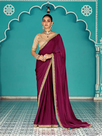 Berry Wine Organza Embroidery Work Party wear Saree