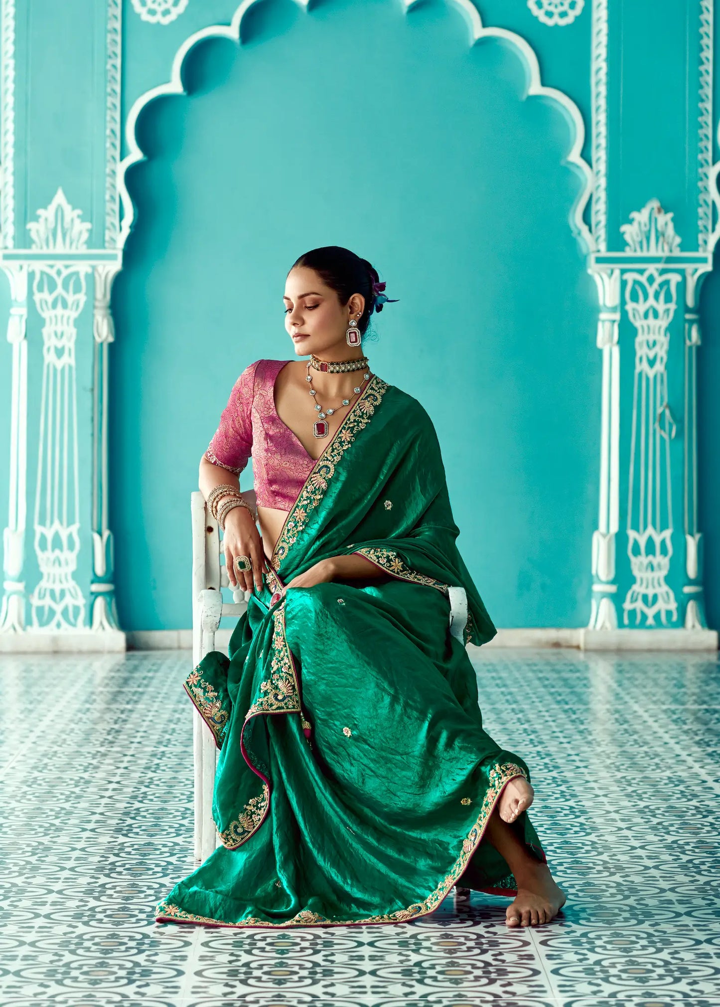 Green Organza Embroidery Work Party wear Saree