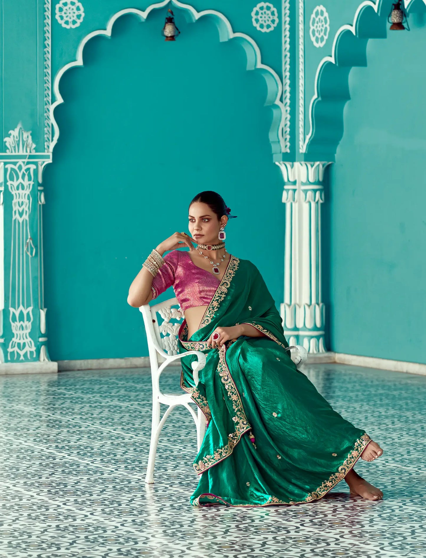 Green Organza Embroidery Work Party wear Saree