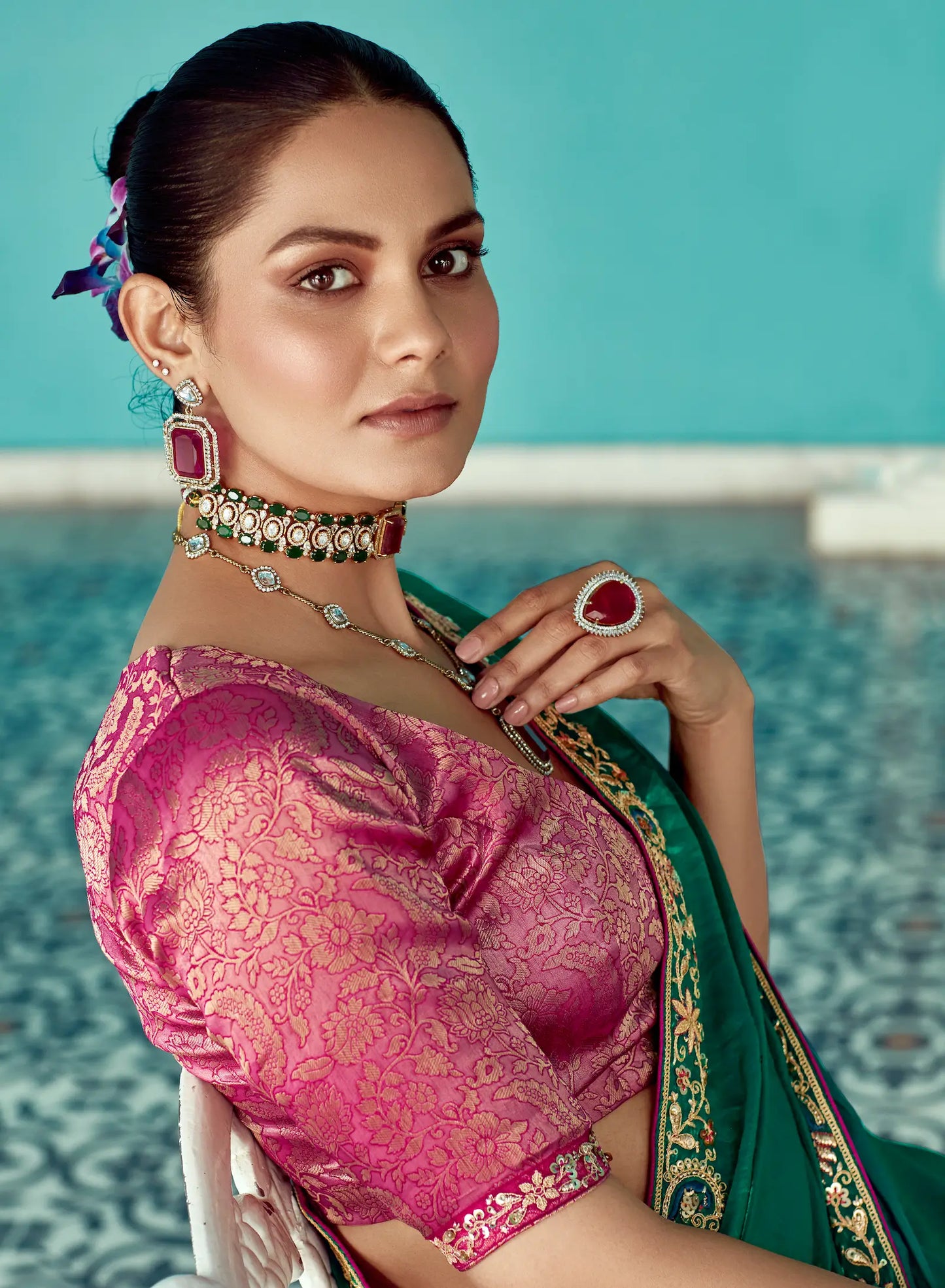 Green Organza Embroidery Work Party wear Saree