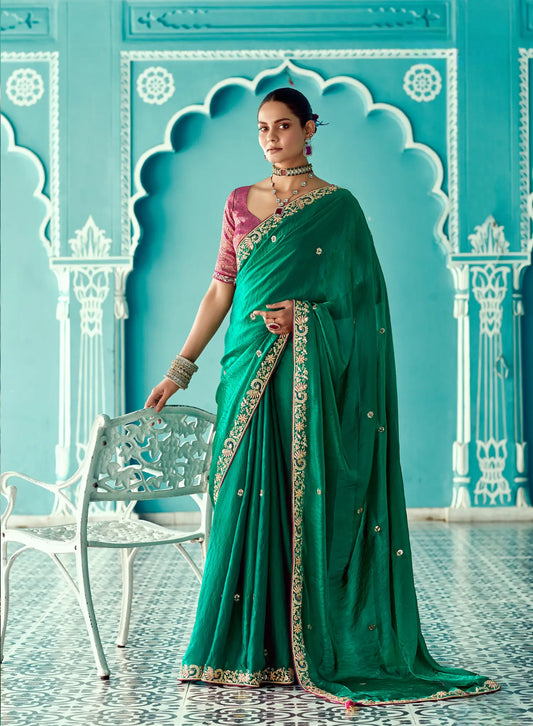 Green Organza Embroidery Work Party wear Saree
