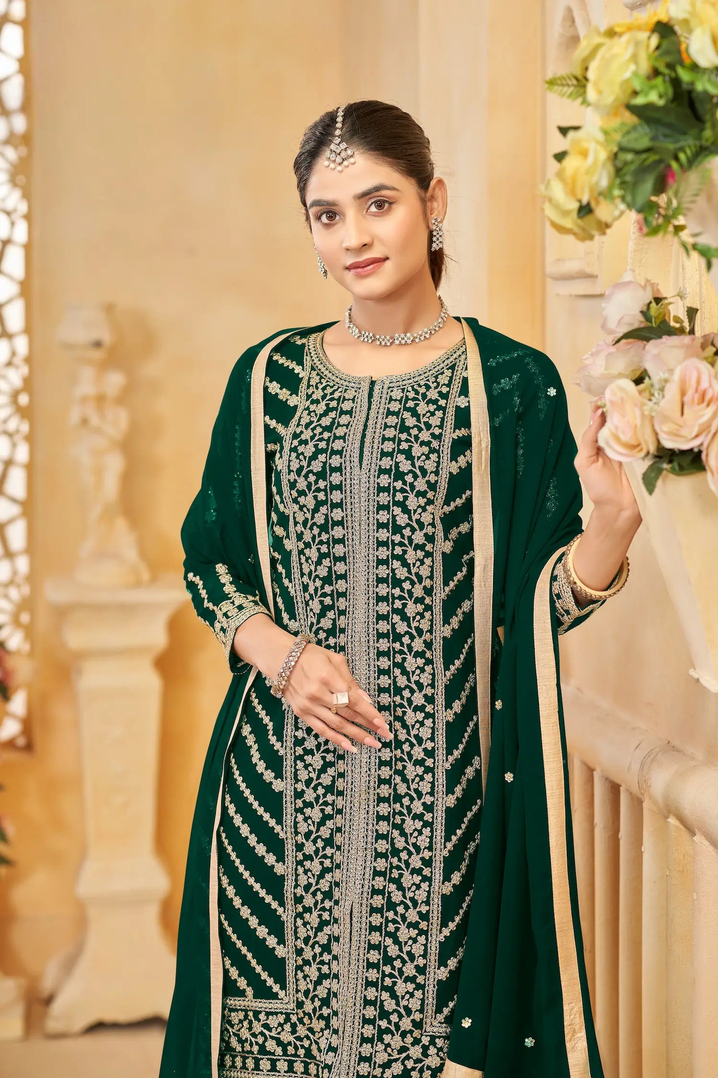 Green Georgette Thread & Sequins Embroidery Work Sharara Set