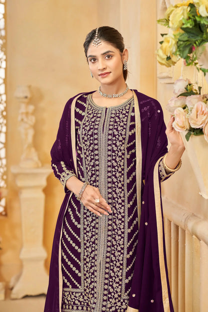 Wine Georgette Thread & Sequins Embroidery Work Sharara Set