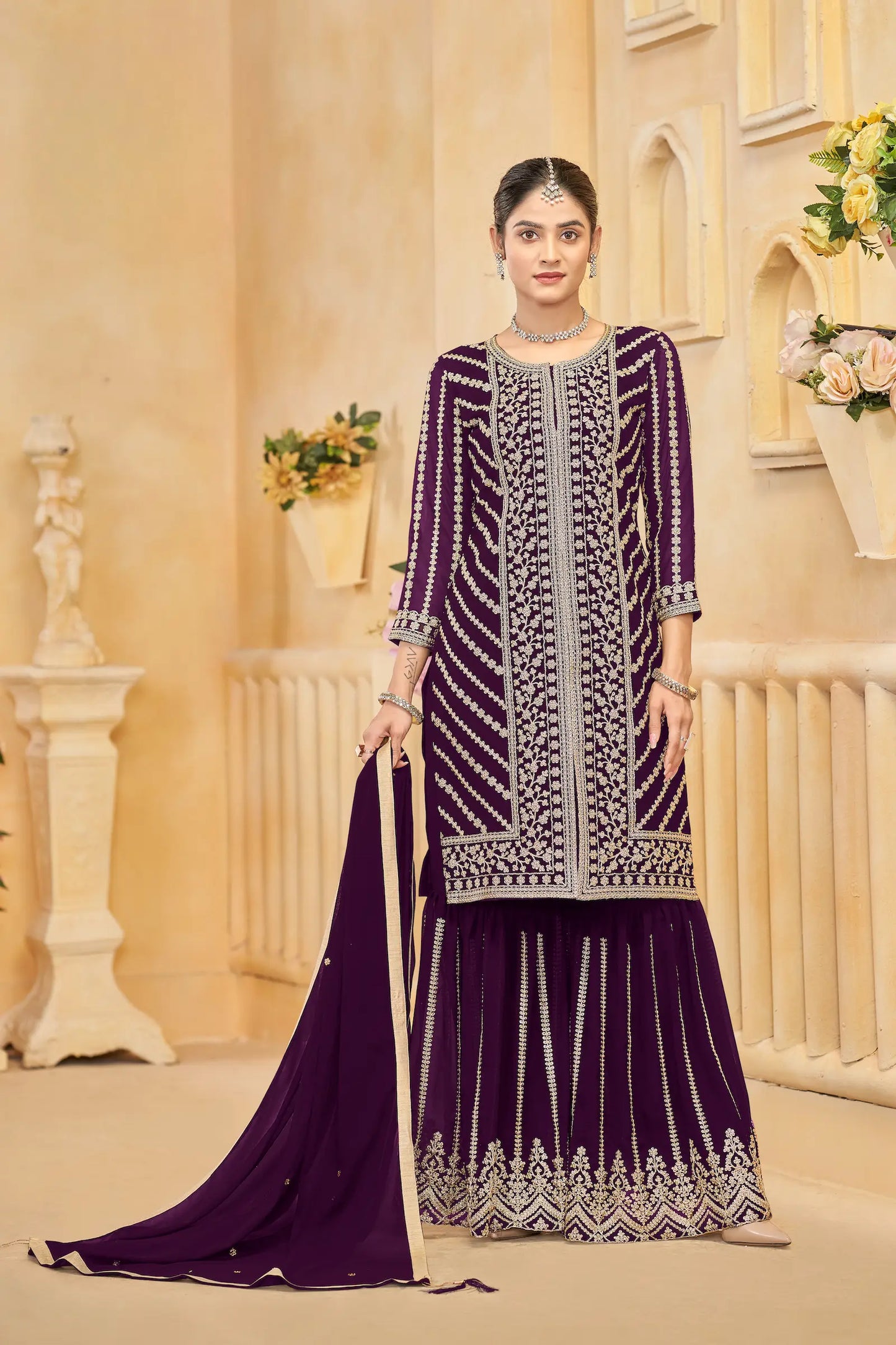 Wine Georgette Thread & Sequins Embroidery Work Sharara Set