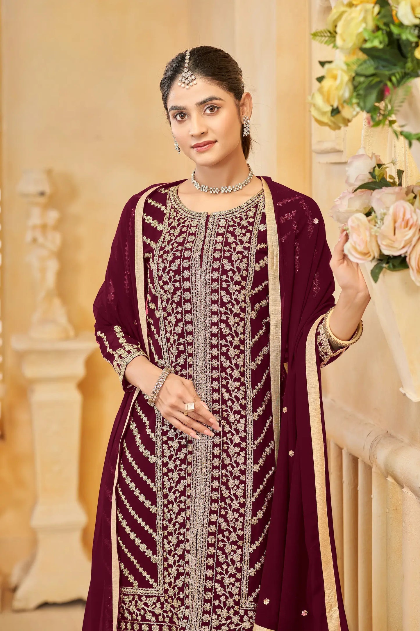 Maroon Georgette Thread & Sequins Embroidery Work Sharara Set