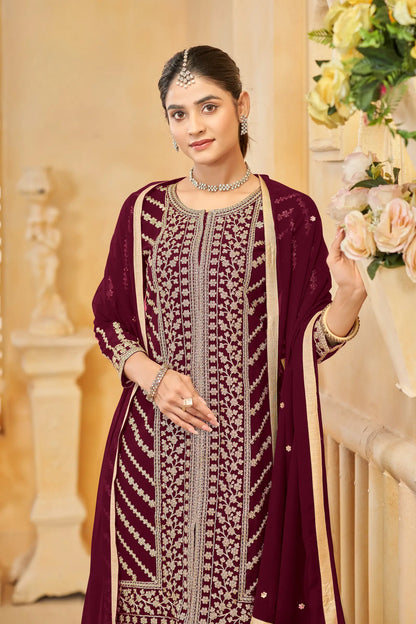 Maroon Georgette Thread & Sequins Embroidery Work Sharara Set