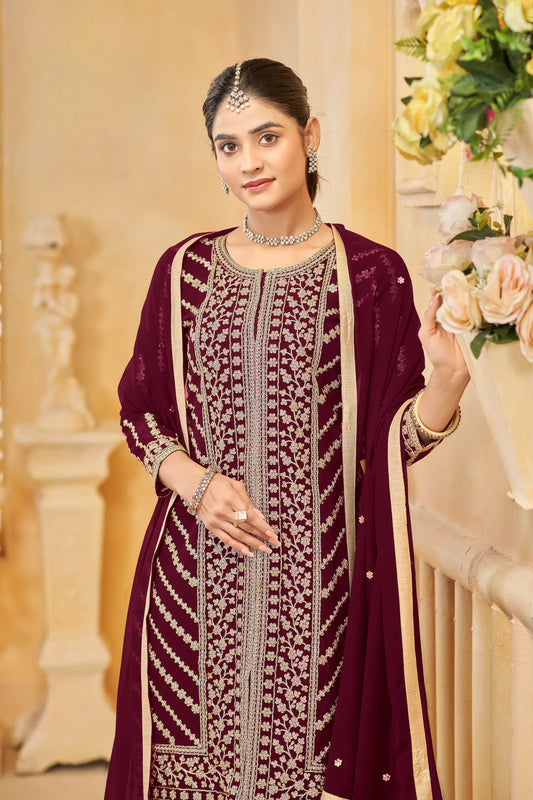 Maroon Georgette Thread & Sequins Embroidery Work Sharara Set