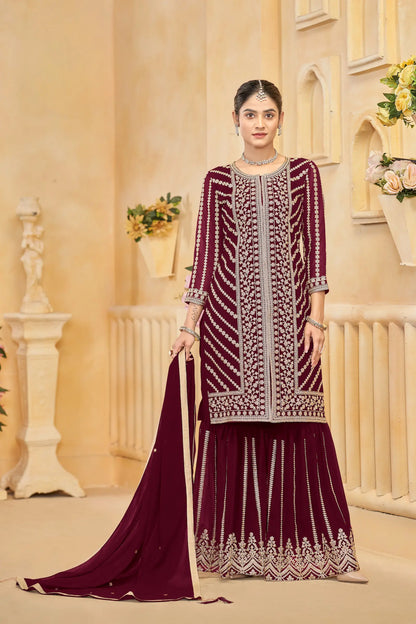 Maroon Georgette Thread & Sequins Embroidery Work Sharara Set