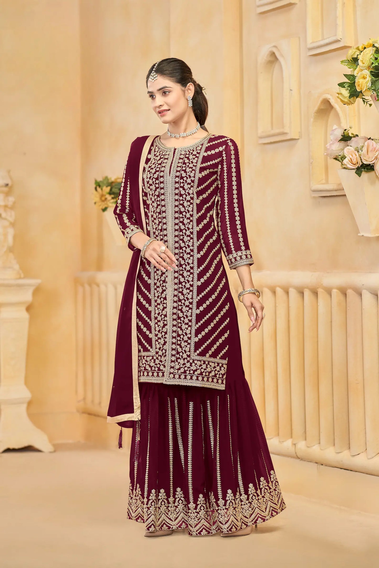 Maroon Georgette Thread & Sequins Embroidery Work Sharara Set