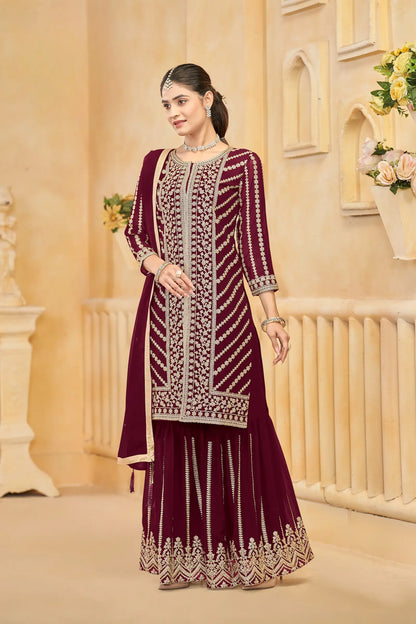 Maroon Georgette Thread & Sequins Embroidery Work Sharara Set