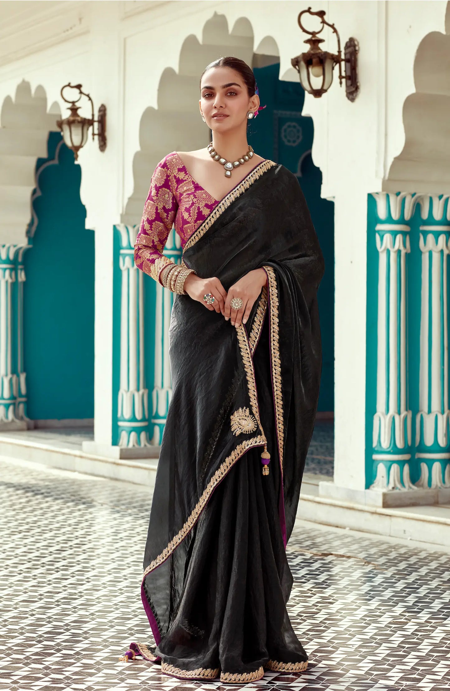 Black Organza Embroidery Work Party wear Saree