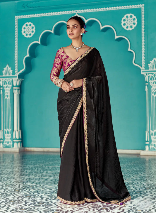 Black Organza Embroidery Work Party wear Saree