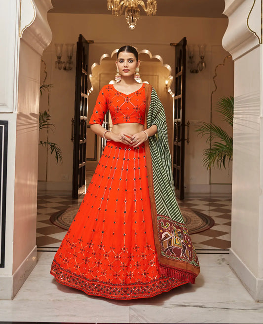 Orange-Green Georgette Thread with Sequence Embroidery Work Lehenga Choli