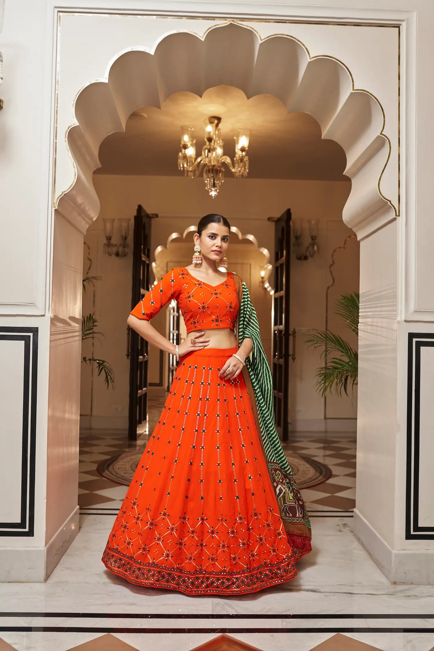 Orange-Green Georgette Thread with Sequence Embroidery Work Lehenga Choli