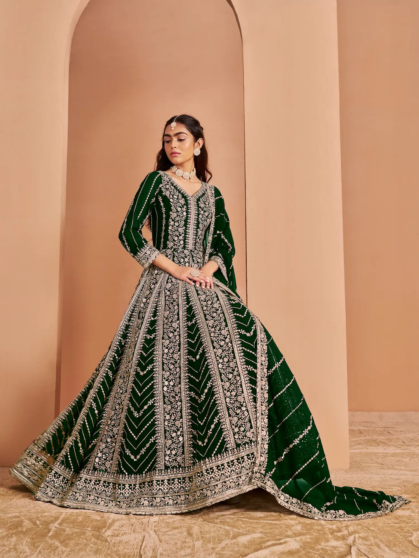Green Georgette Gown With Sequence & Thread Embroidery Work