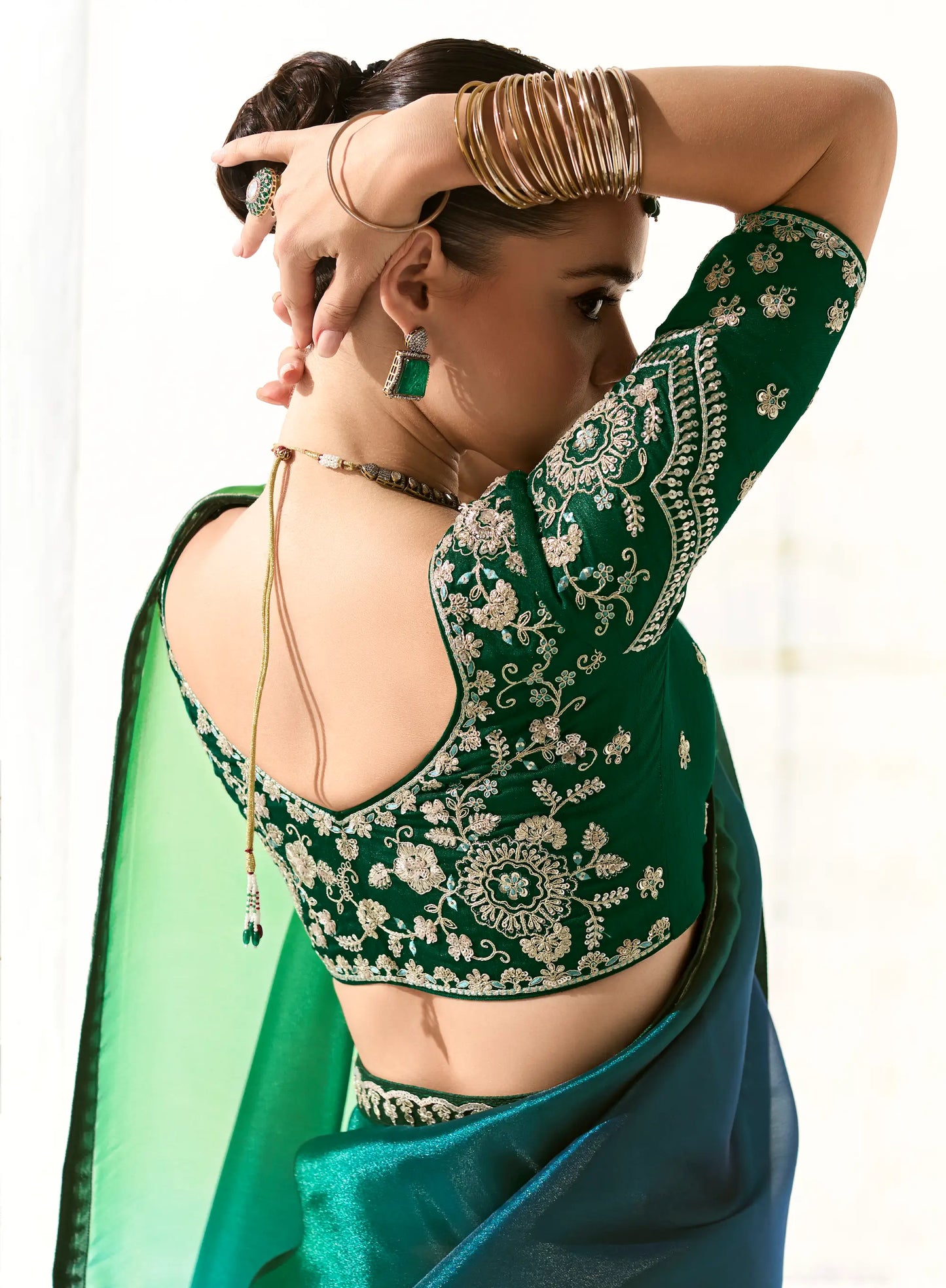 Blue-Green Shaded Organza Saree Blouse With Heavy Embroidery work