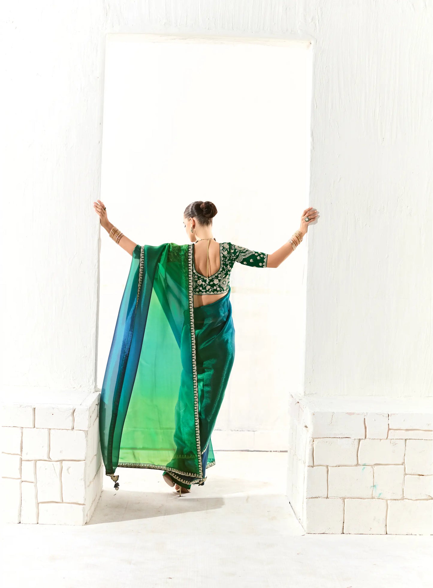 Blue-Green Shaded Organza Saree Blouse With Heavy Embroidery work