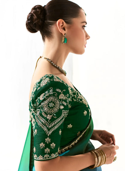 Blue-Green Shaded Organza Saree Blouse With Heavy Embroidery work