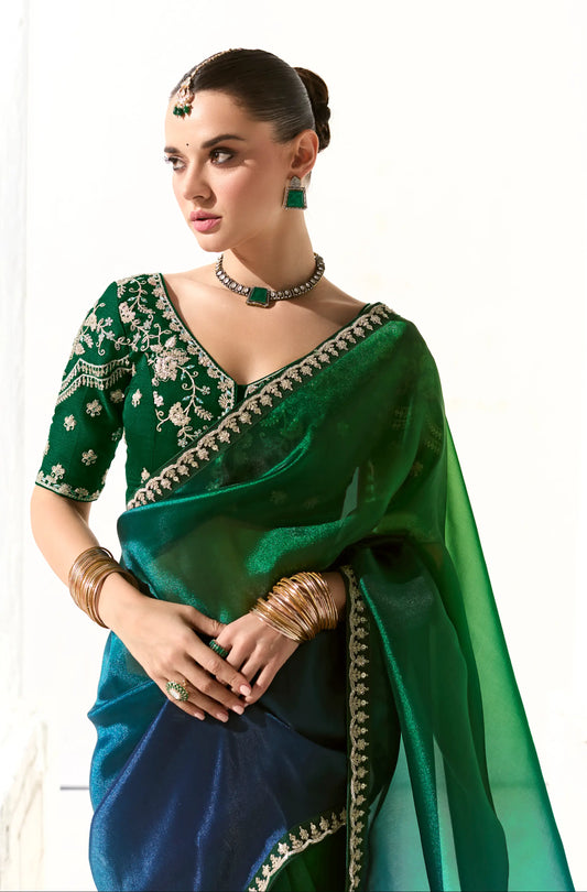 Blue-Green Shaded Organza Saree Blouse With Heavy Embroidery work