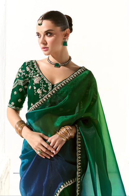 Blue-Green Shaded Organza Saree Blouse With Heavy Embroidery work