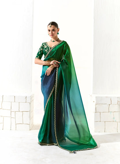 Blue-Green Shaded Organza Saree Blouse With Heavy Embroidery work