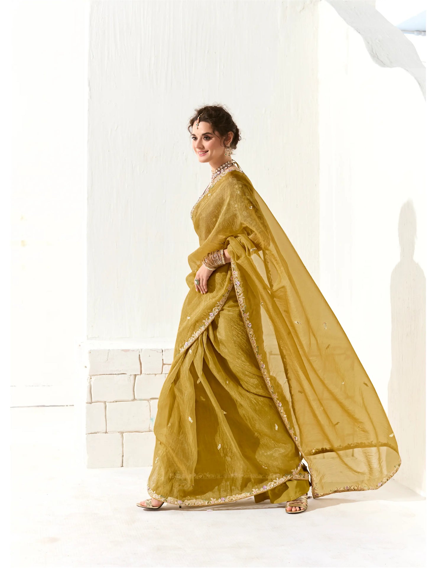 Honey Yellow Organza Saree Blouse With Heavy Embroidery work