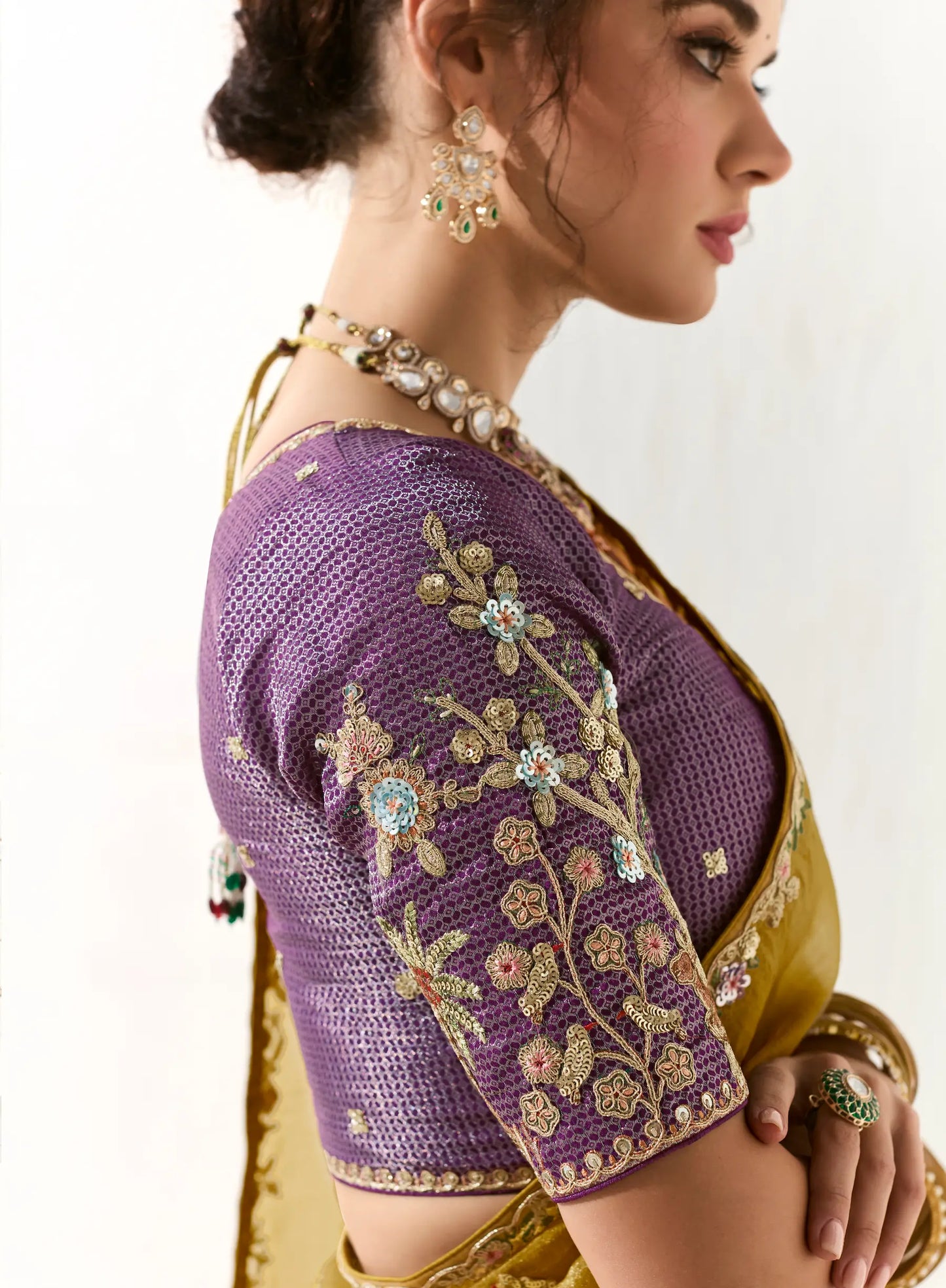 Honey Yellow Organza Saree Blouse With Heavy Embroidery work