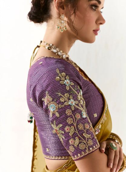 Honey Yellow Organza Saree Blouse With Heavy Embroidery work