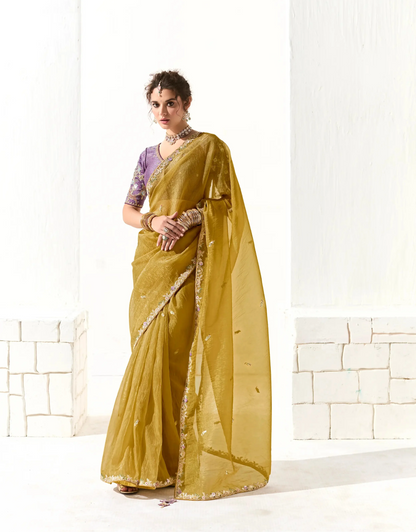 Honey Yellow Organza Saree Blouse With Heavy Embroidery work
