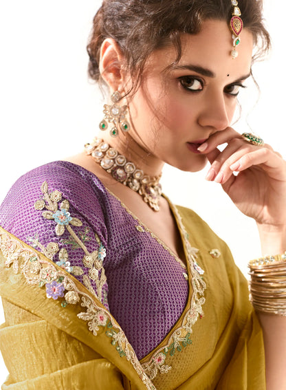 Honey Yellow Organza Saree Blouse With Heavy Embroidery work