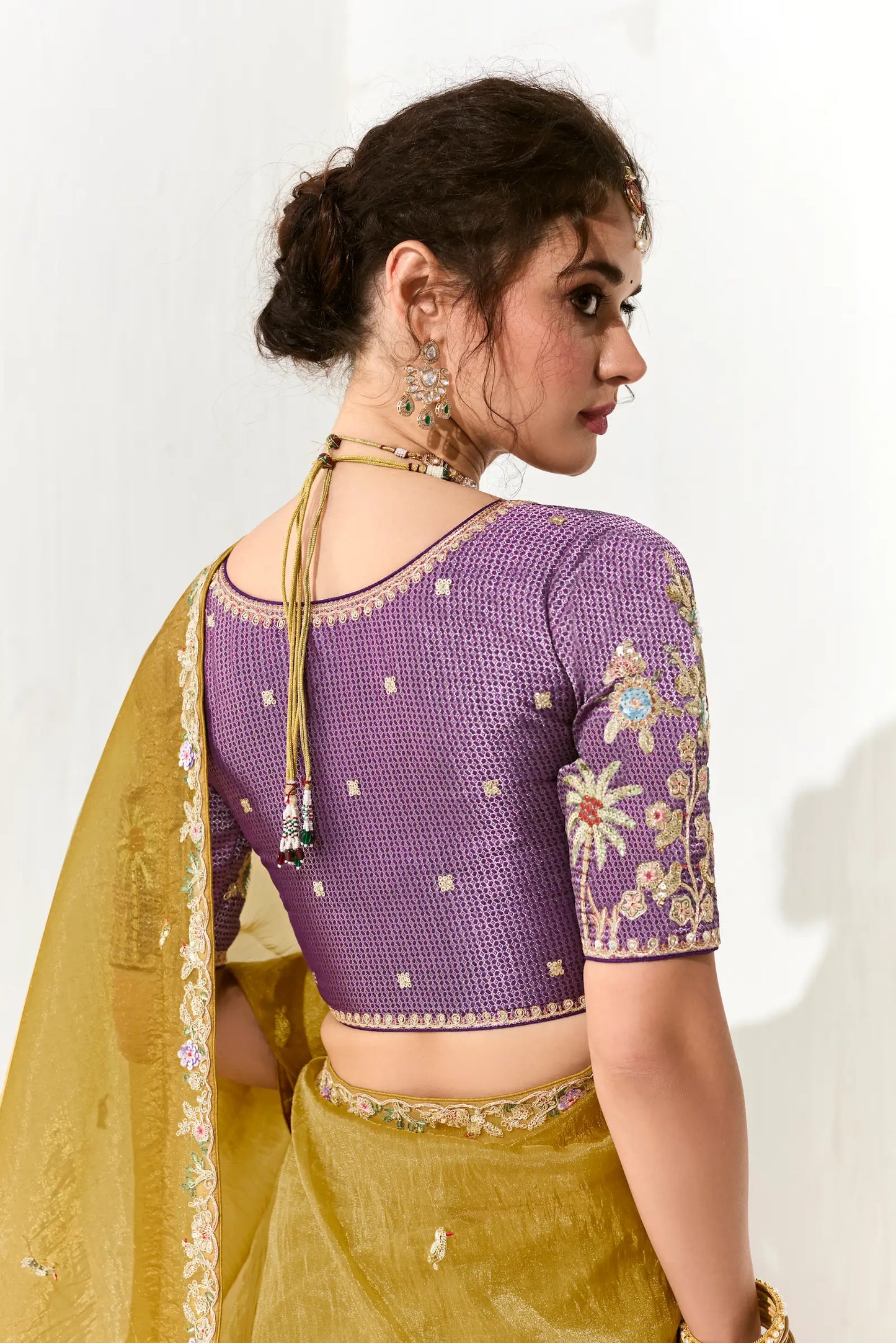 Honey Yellow Organza Saree Blouse With Heavy Embroidery work