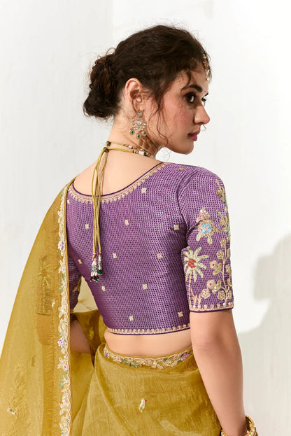 Honey Yellow Organza Saree Blouse With Heavy Embroidery work