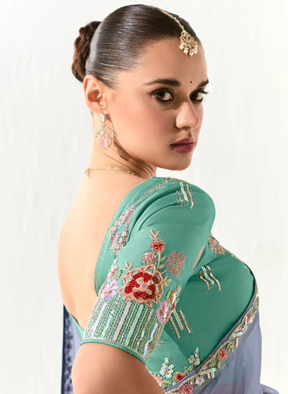 Blue Grey Organza Saree Blouse With Heavy Embroidery work