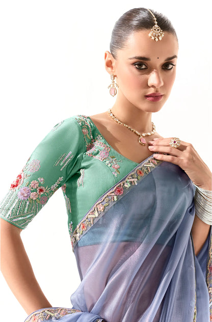Blue Grey Organza Saree Blouse With Heavy Embroidery work