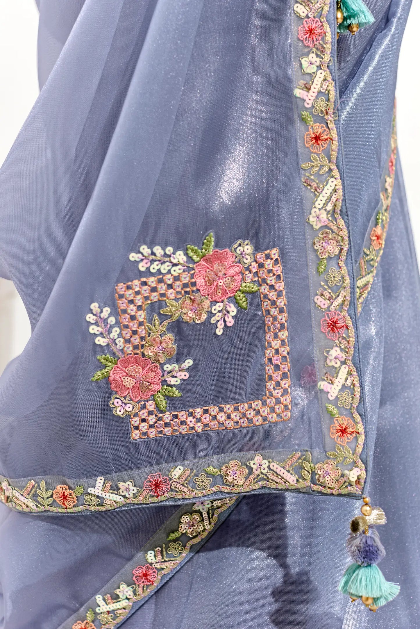 Blue Grey Organza Saree Blouse With Heavy Embroidery work